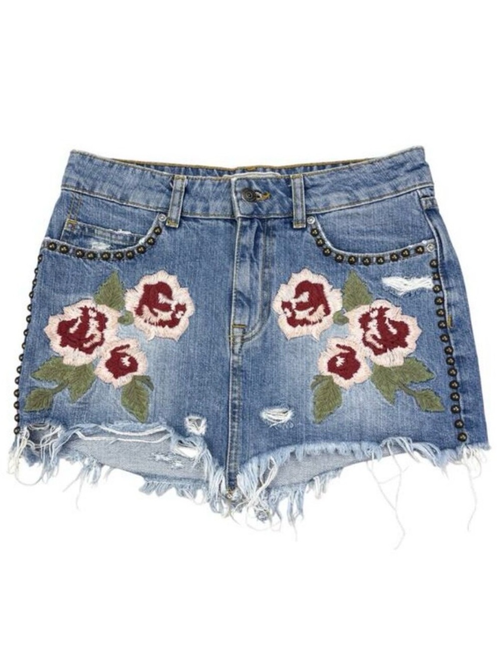 Free People Wild Rose Embroidered Studded Denim Mini Skirt - Picture 9 of 16